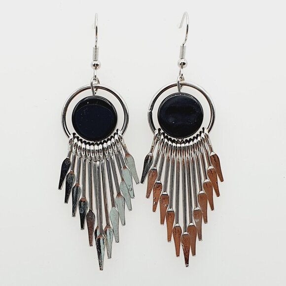 Black Stone Fringe Dangle Earrings, AZFA1163 - Picture 1 of 14